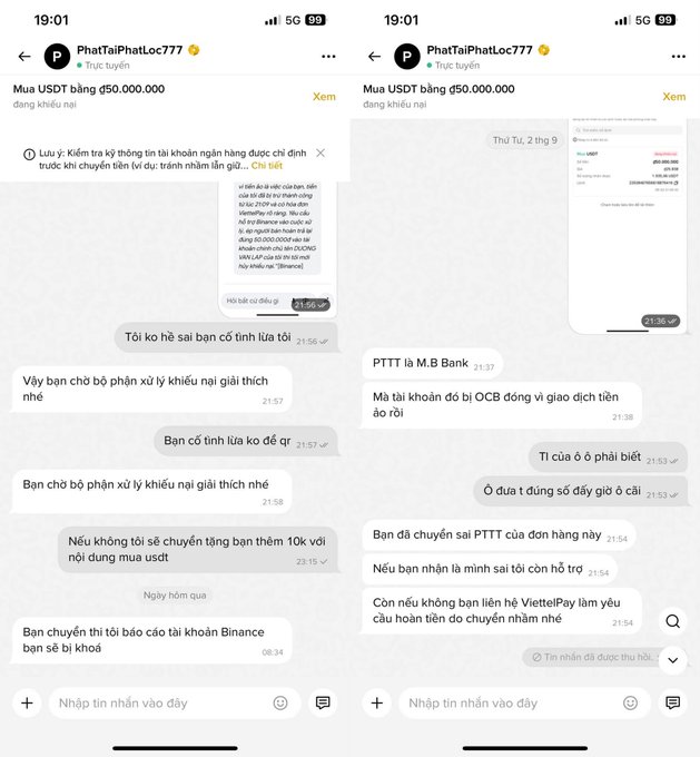 Two side-by-side screenshots of a Messenger chat conversation with "PhatTaiPhatLoc777," discussing a 50,000,000 USDT purchase, with Vietnamese text messages showing communication about a bank transfer discrepancy.