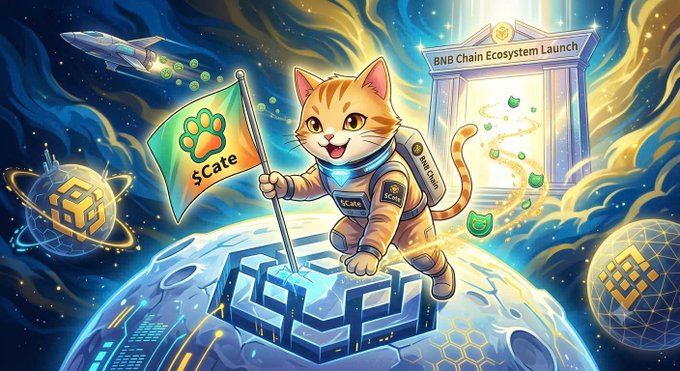 Digital illustration of an astronaut cat holding an 'SCate' flag on a futuristic lunar landscape, with text reading 'BNB Chain Ecosystem Launch'.