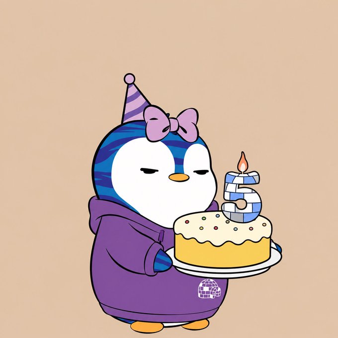 Cute cartoon illustration of a blue and white penguin-like character wearing a purple hoodie and party hat with a pink bow, holding a birthday cake with the number '5' candle.