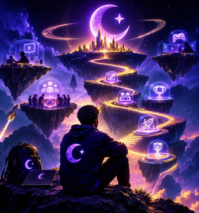 A fantastical digital illustration depicts a person in a hooded sweatshirt with a crescent moon logo sitting on a cliff, looking out at floating islands and glowing pathways connected to various gaming and social media icons under a crescent moon and starry sky.
