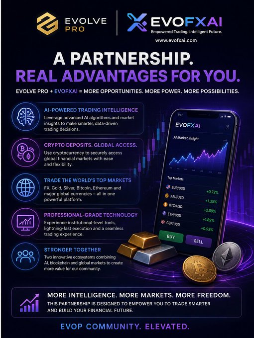 A promotional graphic for the EVOLVE PRO + EVOFX AI partnership, advertising AI-powered trading intelligence, crypto deposits, and access to forex, gold, silver, bitcoin, and ethereum markets.