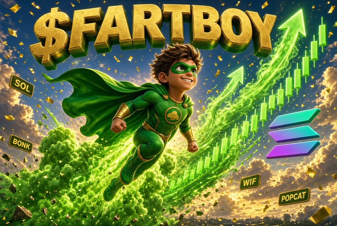 Crypto meme promotional graphic for '$FARTBOY' featuring a cartoon superhero in green flying upward with a candlestick chart, alongside logos for SOL, BONK, WIF, and POPCAT.