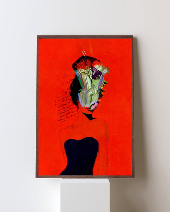 A framed abstract painting displayed on a white pedestal, showing a stylized female figure with colorful, expressive facial features against a vibrant red background, with handwritten script on the left side.
