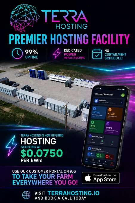 An advertisement for Terra Hosting promoting their 'Premier Hosting Facility' with features including 99% uptime, dedicated power infrastructure, no curtailment schedule, and hosting starting at $0.0750 per kWh, with an iOS app available and website terrahosting.io.