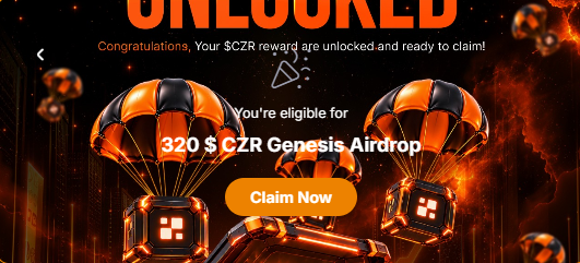 A crypto airdrop announcement congratulating the user on unlocking a 320 $CZR Genesis Airdrop reward, featuring parachute graphics and a 'Claim Now' button.