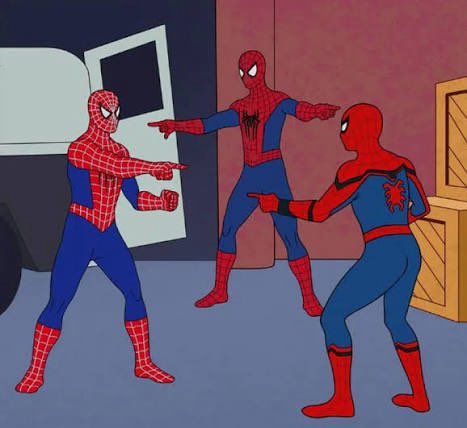 Three Spider-Man characters point at one another in a cartoon scene, echoing the post’s message: “We’re all Nakamigos.” No additional text or numbers are visible.
