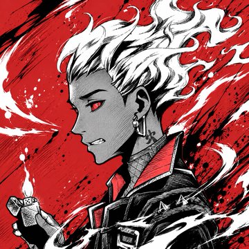 A manga ink-style illustration of a red-eyed, white-haired character with flame-like hair holding a lighter, rendered in bold black, white, and red with dynamic ink splatters, exemplifying the "premium manga ink" NFT transformation style described in the post.
