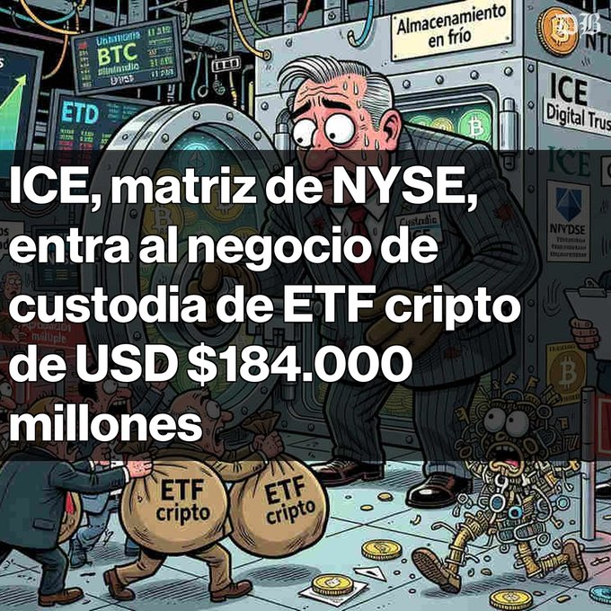A cartoon illustration depicts a worried businessman in a vault labeled 'Almacenamiento en frío' and 'ICE Digital Trust,' with text reading 'ICE, matriz de NYSE, entra al negocio de custodia de ETF cripto de USD $184.000 millones' as figures carry bags labeled 'ETF cripto.'