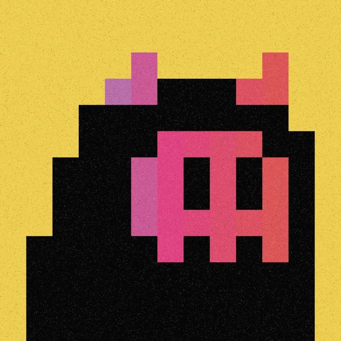A pixel-art style illustration on a yellow background showing a black monster-like figure with a pink face, horns, and an open mouth with two large teeth.