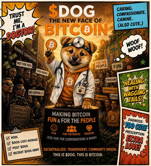 A comic-style promotional poster featuring a dog dressed as a doctor holding a Bitcoin, with text including '$DOG THE NEW FACE OF BITCOIN', 'TRUST ME, I'M A DOGTOR!', 'MAKING BITCOIN FUN & FOR THE PEOPLE', and 'DIAGNOSIS: TOO CUTE'.