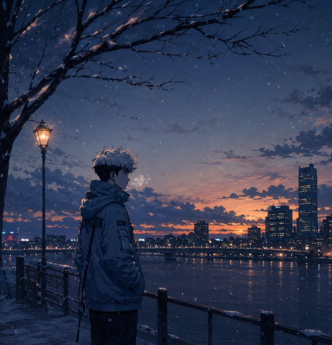 An anime-style illustration shows a boy with silver hair in a hooded jacket standing by a railing, looking out over a river at a city skyline lit up against a sunset.