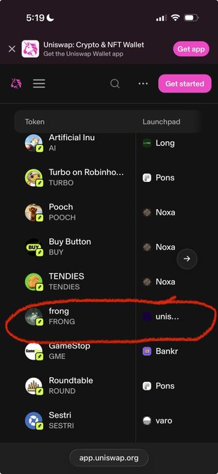 A mobile screenshot of the Uniswap Launch Platform at app.uniswap.org showing a list of tokens including Artificial Inu (Long), Turbo on Robinho... (Pons), Pooch (Noxa), Buy Button (Noxa), TENDIES (Noxa), frong/FRONG (unis...) highlighted in a red circle, GameStop (Bankr), Roundtable (Pons), and Sestri (varo). The image visually supports the article's discussion of "Frong" as a bonding curve token launch on Uniswap's platform, comparable to PumpFun.