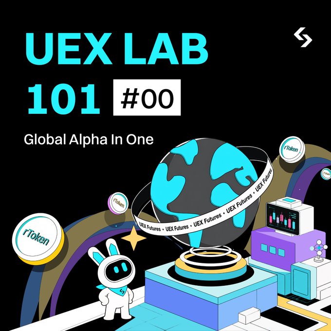 The image features a cartoon depiction of a robot wearing a white shirt, standing next to a globe with blue and green colors. The robot appears to be holding a globe as well. In the background, there are various objects such as a TV screen, a computer monitor, and a keyboard. The text "UEX Lab 101 #00" is written above the cartoon scene, while the phrase "#Global Alpha in One" is below it.