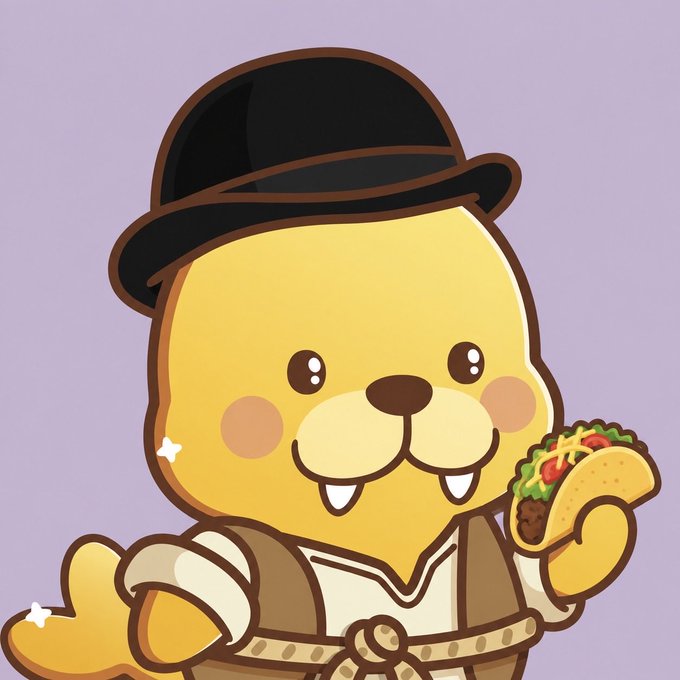 A cartoon illustration of a yellow character wearing a black bowler hat and holding a taco, set against a light purple background.