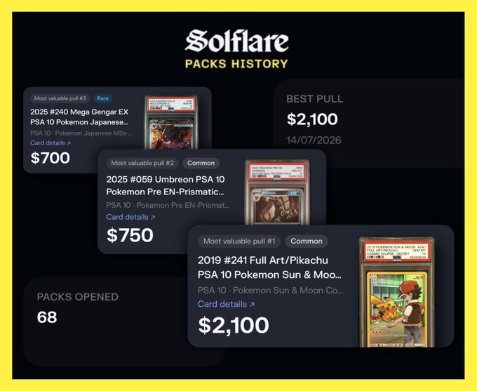 A 'Solflare Packs History' screen displaying statistics for 68 packs opened, including a best pull of $2,100 for a 2019 Pokemon card and other PSA-graded cards.