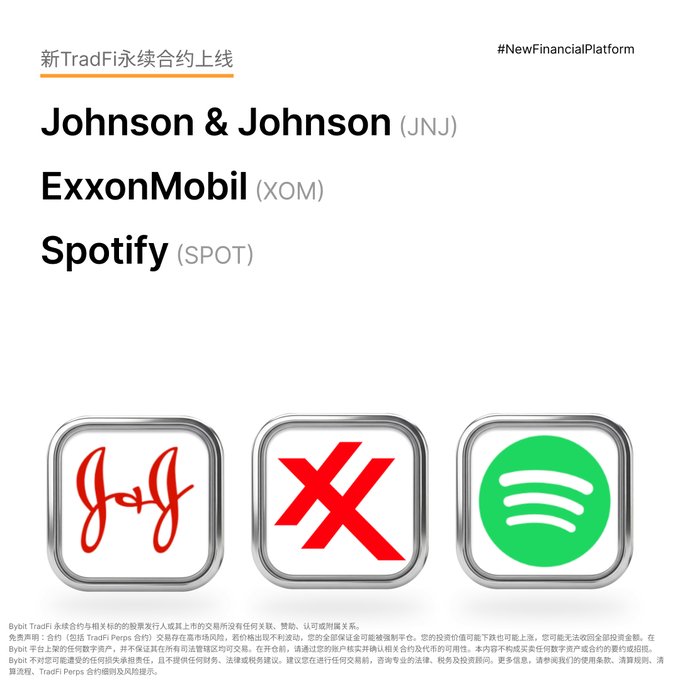 A promotional graphic announces new TradFi perpetual contracts on Bybit for Johnson & Johnson (JNJ), ExxonMobil (XOM), and Spotify (SPOT), featuring their respective logos.