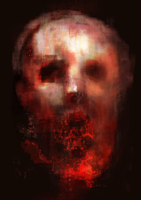 A dark, haunting digital painting of a skull rendered in grungy red, white, and black tones with pixelated textures and smudged brushwork against a black background.