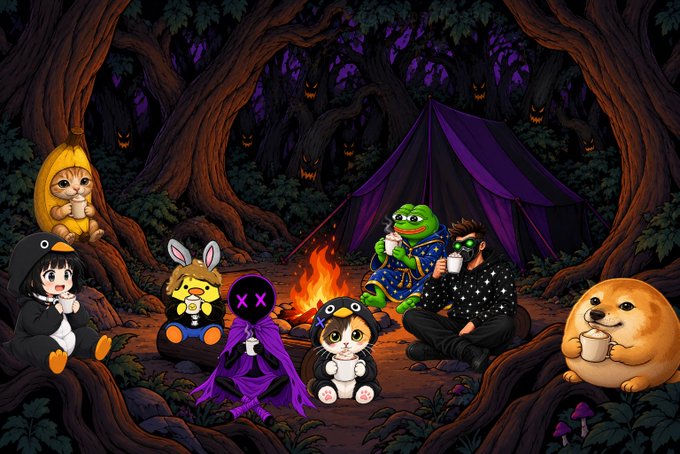 A digital illustration depicts a whimsical forest gathering where various characters including a frog, a dog, a person in a purple cloak, and a cat-like figure sit around a campfire with a tent in the background.