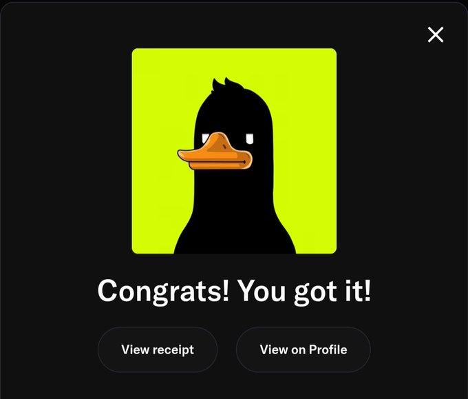 A pop-up window congratulates the user with a cartoon duck wearing sunglasses against a bright green background, offering options to "View receipt" or "View on Profile".