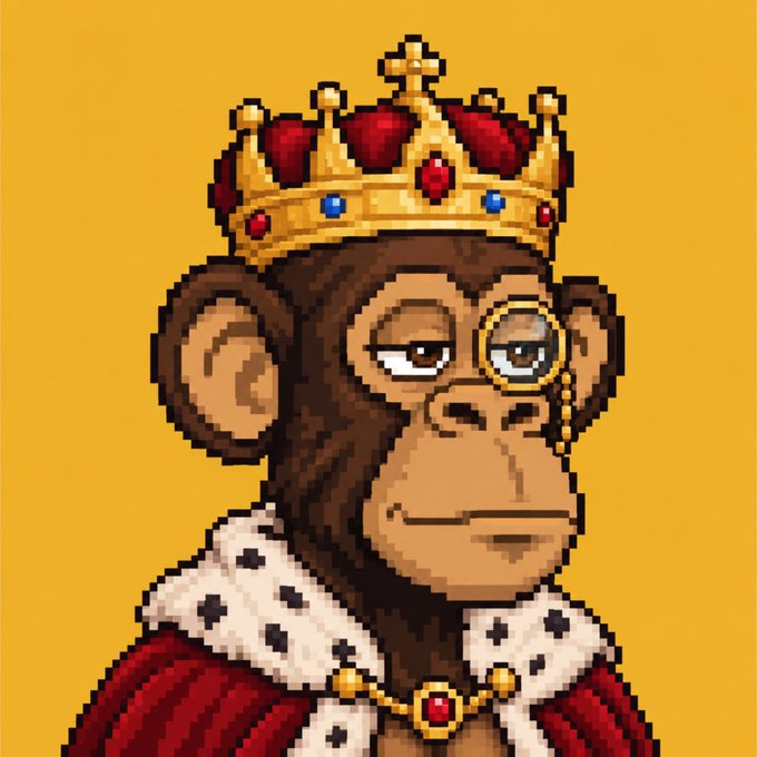 A pixel art style illustration depicts a bored-looking monkey king wearing a red and gold crown with jewels, a monocle, and a royal robe against a yellow background.