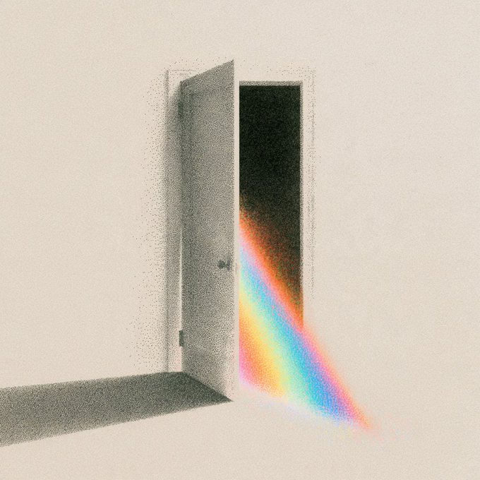 A minimalist illustration depicts an open door in a white room, with a colorful rainbow beam of light streaming out from the darkness beyond.