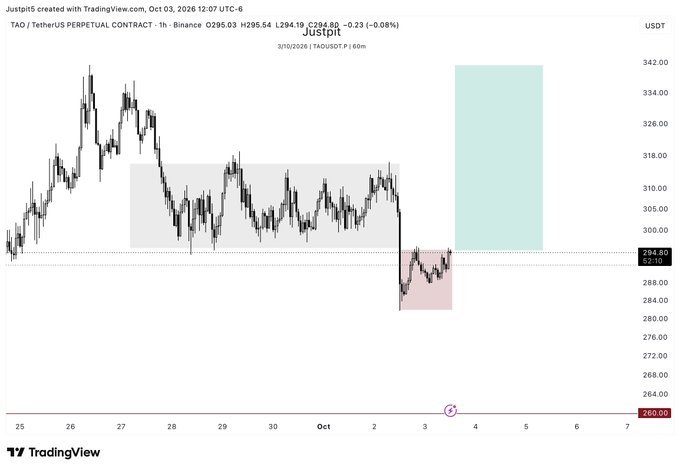 A TradingView 1-hour chart of TAO/USDT Perpetual Contract on Binance shows price at 294.80, with a large gray accumulation range around 295–315, a small pink manipulation zone near 290, and a highlighted green projected PO3 (point of control) zone spanning roughly 295–340, suggesting a potential bullish expansion setup.
