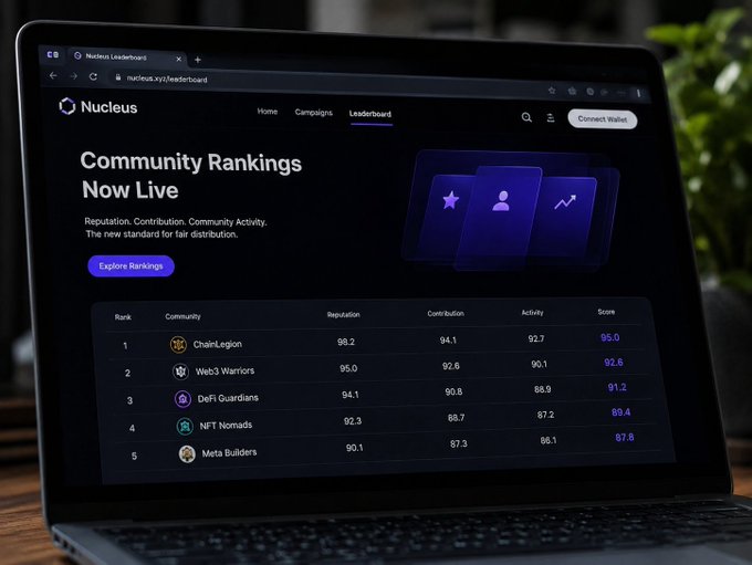 A laptop displays the Nucleus.xyz "Community Rankings Now Live" leaderboard, showing top communities like ChainLegion (95.0), Web3 Warriors (92.6), and DeFi Guardians (91.2) ranked by Reputation, Contribution, and Activity scores. The image visually reinforces the post's point about Nucleus moving beyond simple follower counts by measuring multi-dimensional community signals rather than vanity metrics.