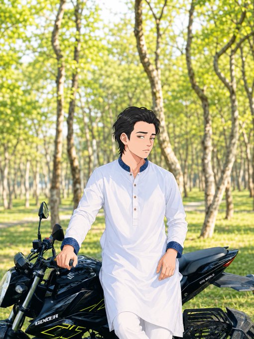 An anime-style illustration of a young man in a white traditional kurta with blue trim, standing next to a black Suzuki Gixxer motorcycle in a sunlit forest of birch trees.