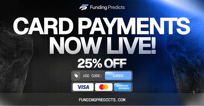 A promotional banner from Funding Predicts announces "CARD PAYMENTS NOW LIVE!" with a 25% discount using the code "CARDS," featuring logos for Visa, Mastercard, and American Express, aligning with the post's message encouraging users to pay by card and take advantage of the limited-time offer on $10K challenge accounts.