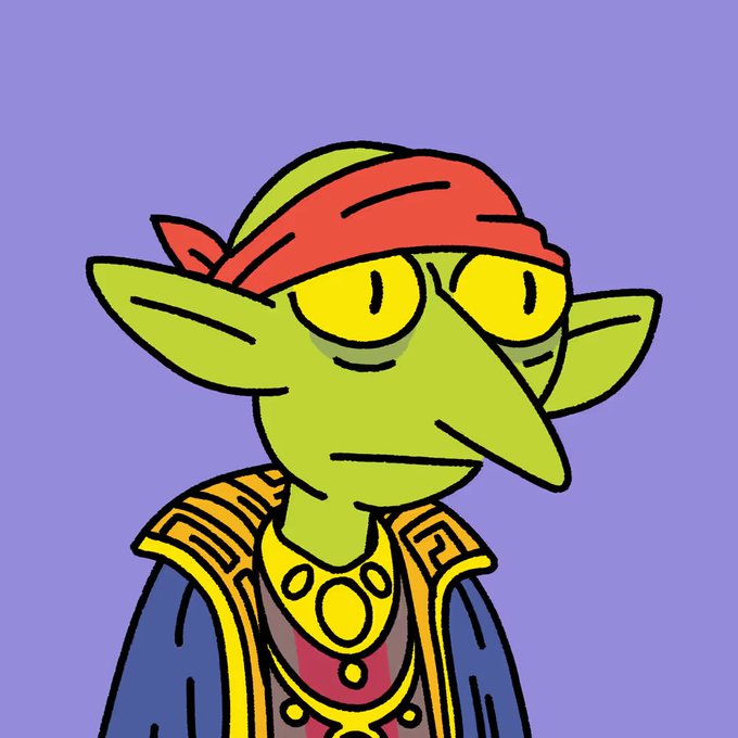 A cartoon illustration features a green-skinned goblin-like character with pointed ears, yellow eyes, and a red bandana, wearing a blue robe with yellow trim against a purple background.
