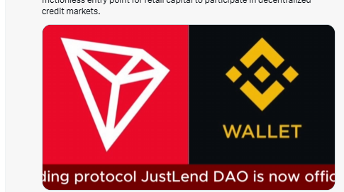 A promotional image featuring the red TRON logo alongside the yellow Binance Wallet logo on a black background, highlighting the integration between JustLend DAO lending protocol and Binance Wallet for decentralized credit market participation on the TRON network.