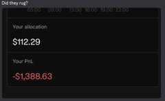 A dark-themed financial dashboard titled "Did they rug?" displays an allocation of $112.29 alongside an unrealized P&L of -$1,388.63, illustrating the steep losses suffered by investors who, as the post describes, fell victim to the Cascade project's rug pull after the team went silent and disabled comments.