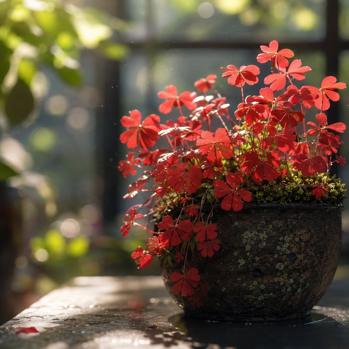 A weathered stone pot holds a vibrant cluster of red clover-like flowers bathed in soft sunlight, with no visible text or numbers in the image. 

The image's metaphor of a flourishing potted plant relates to the post by visually representing the "ecosystem" mentioned in the caption—suggesting that nurturing different elements (developers, users, businesses) allows a network like TRON to grow and thrive like a well-tended garden.
