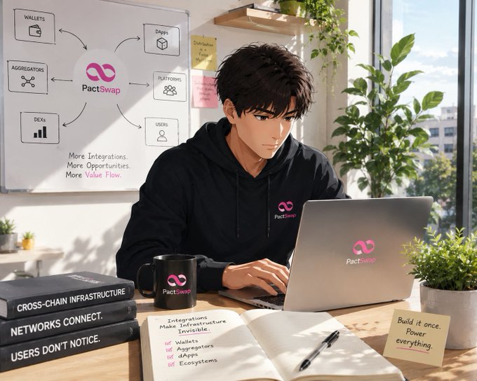 An anime-style illustration of a young man working on a laptop branded with the PactSwap logo, surrounded by notes about cross-chain infrastructure, with a whiteboard showing the PactSwap ecosystem diagram connecting wallets, dApps, and aggregators.