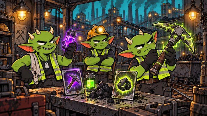 A vibrant illustration depicts three green goblin-like miners wearing hard hats in a glowing industrial setting, with cards showing a purple pickaxe and green crystal on a workbench.