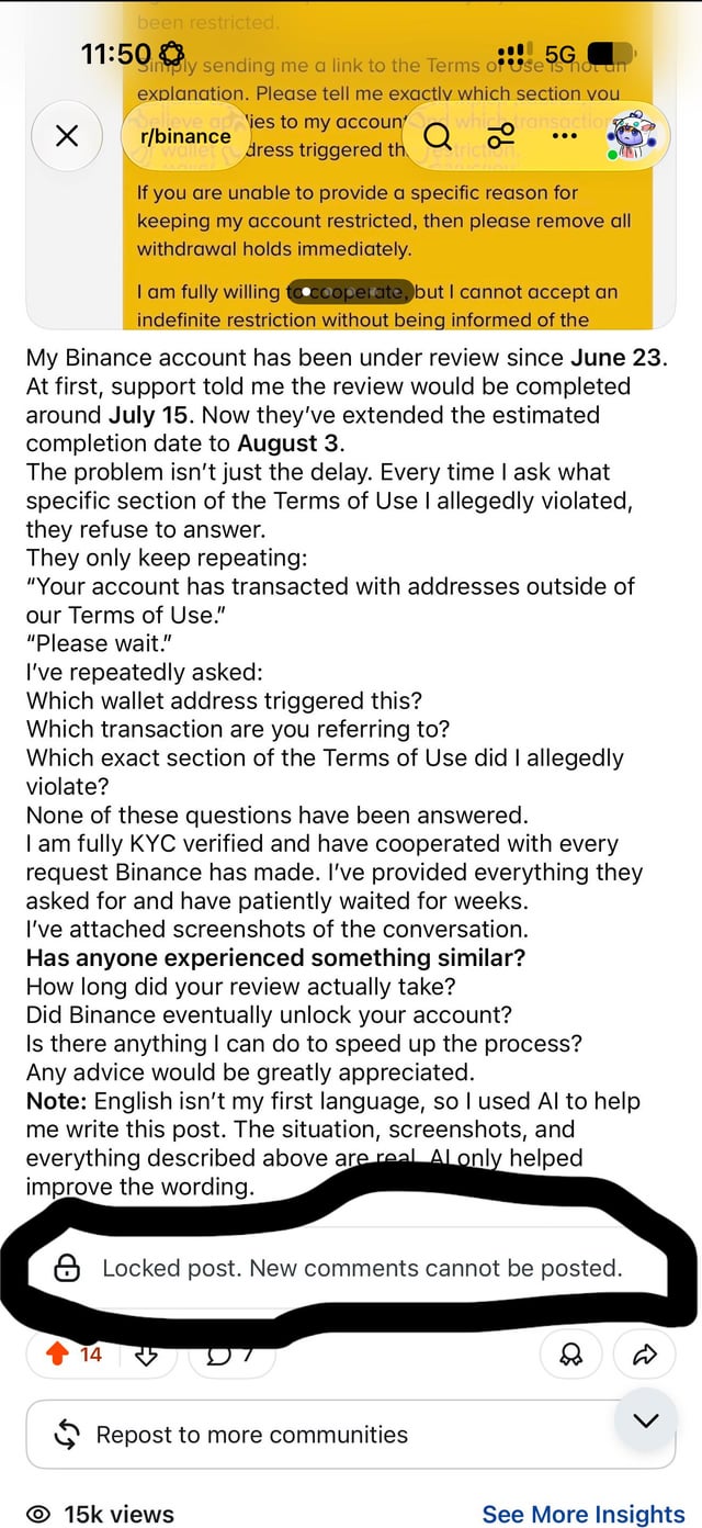 A Reddit post from r/binance screenshot describing an unresolved account restriction since June 23, asking for community advice on how to speed up the review process.