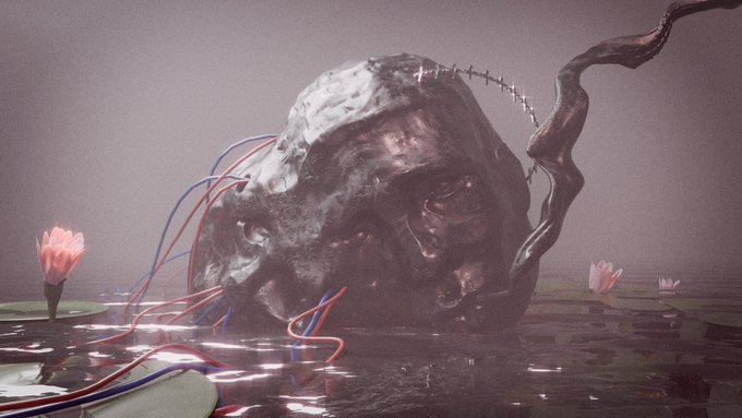 A surreal 3D render depicting a large, dark, metallic skull-like structure partially submerged in water, pierced with stitches and intertwined with red and blue wires, with a twisted branch and small pink lotus flowers nearby.