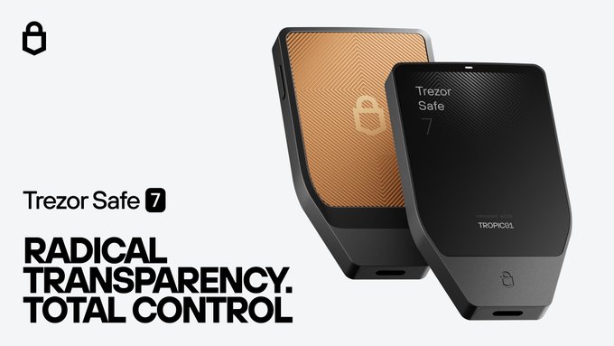 The image features two electronic devices - a black device with an orange stripe and a brown one. The devices are placed side by side against a white background. Below them, there's text that reads "Radical transparency, total control" followed by a code or hashtag (#trezorsafe7). This suggests that the devices might be related to Bitcoin or cryptocurrency, possibly as wallet components for users who want more control over their transactions and data.