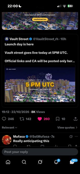 A dark-mode X post from Vault Street @VaultStreet_rh announces, “Launch day is here” and “Vault street goes live today at 5PM UTC,” with an attached image reading “THURSDAY, OCTOBER 22.”