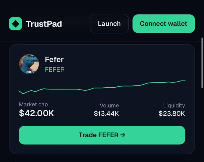 A screenshot of TrustPad shows the FEFER token at a market cap of $42.00K, $13.44K volume, and $23.80K liquidity, with a "Trade FEFER" button. The image directly illustrates the post's story about the author dismissing a $42K market cap shilled token, only to wake up to a 95x gain they missed.