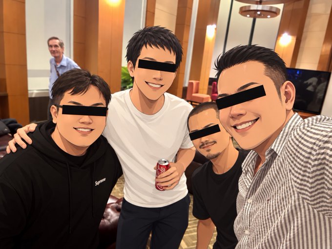 An animated/stylized photo of four men posing together indoors, with black bars covering their eyes, while one man holds a can of Coca-Cola.
