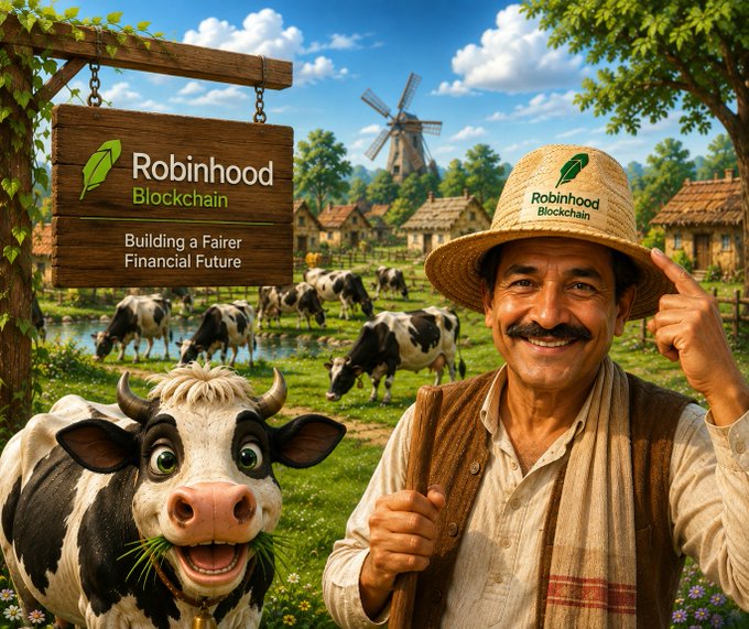 A promotional image for Robinhood Blockchain featuring a cartoonish farmer wearing a branded straw hat pointing to it, standing next to a smiling cow with a windmill and village in the background, with text 'Building a Fairer Financial Future'.