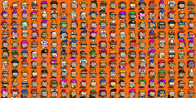 The image features an array of cartoon faces with different hairstyles and colors, all set against a vibrant orange background. The faces are arranged in rows and columns, creating a visually appealing pattern that captures attention. The caption accompanying the image reads "it' s the big day for @BitMonkeesBTC the first collection this large from 9999 supply in a long time on bitcoin totally free and fair no doubts, launchpad coming soon make ordinals fun again!".