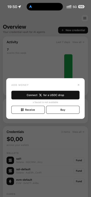 A mobile app screenshot titled 'Overview — Your credential vault for AI agents' shows a balance of $0.00 across three wallets (sol1, sol-default, evm-default), with a popup offering to 'Connect X for a USDC drop'.