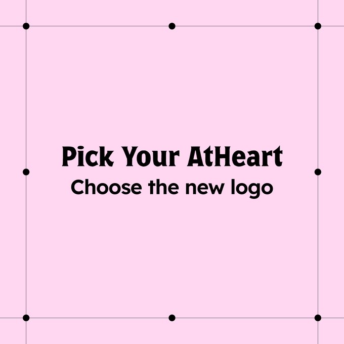 A pink graphic with grid lines and dots containing the text 'Pick Your AtHeart Choose the new logo'.