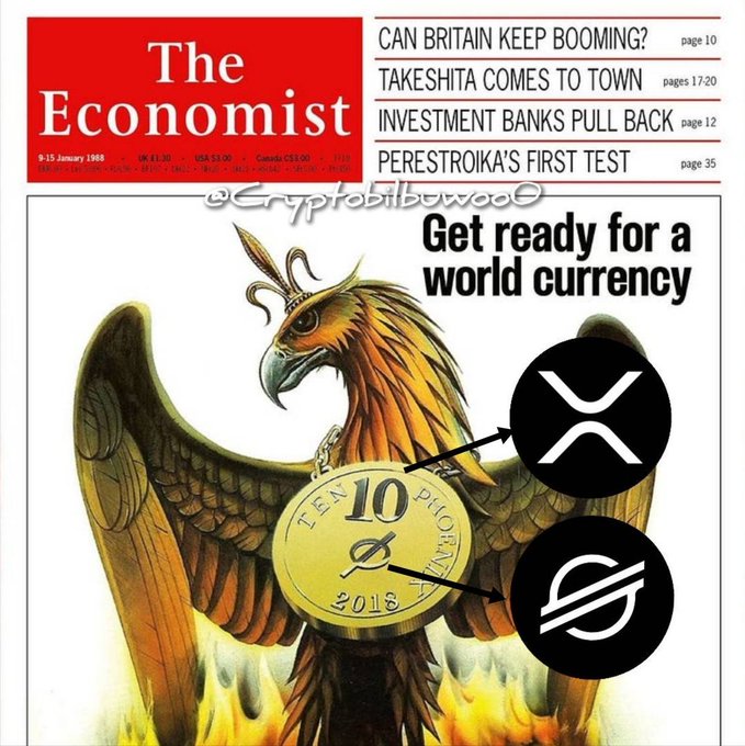 The image is a doctored Economist magazine cover from "9-15 January 1988" featuring a phoenix rising from flames with a "10 PHOENIX" 2018 coin on its chest, overlaid with XRP and Stellar Lumens (XLM) logos. The headline has been changed to "Get ready for a world currency," humorously linking the phoenix symbolism and "P=10" cipher from the post to XRP (X) and Stellar (P for Phoenix/Φ).
