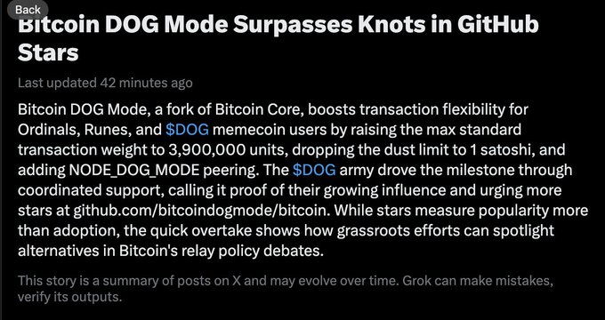 The image is a Grok-generated news brief titled "Bitcoin DOG Mode Surpasses Knots in GitHub Stars," reporting that the Bitcoin DOG Mode fork of Bitcoin Core has gained more GitHub stars than Knots through community support from the $DOG memecoin community, with new specs including a 3,900,000 max transaction weight and NODE_DOG_MODE peering—highlighting the trending momentum of $DOG on X.
