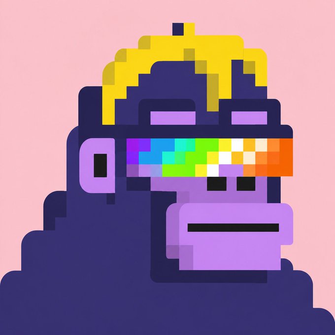 A pixel art illustration of a purple monkey character with a yellow crown, set against a pink background.