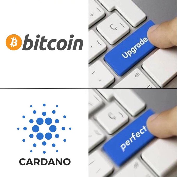 The image is a four-panel collage showing the Bitcoin and Cardano logos on the left, paired with photos of fingers pressing keyboard buttons labeled "Upgrade" and "perfect" on the right, visually suggesting that Bitcoin's potential is being upgraded or perfected by Cardano's DeFi capabilities.