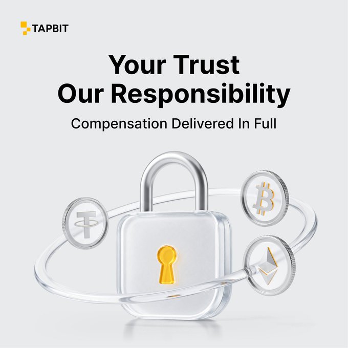 A TAPBIT promotional graphic reading 'Your Trust Our Responsibility - Compensation Delivered In Full', showing a padlock securing cryptocurrency coins (Bitcoin, Tether, and Ethereum).